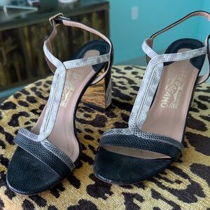 Salvatore Ferragamo Black and Cream Heeled Sandals